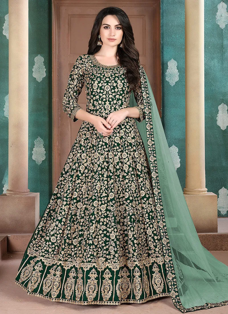 Dark Green Traditional Embroidered Anarkali Suit