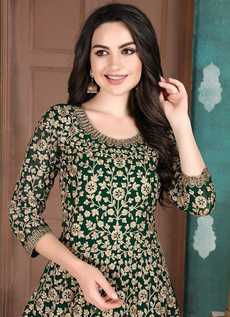 Dark Green Traditional Embroidered Anarkali Suit