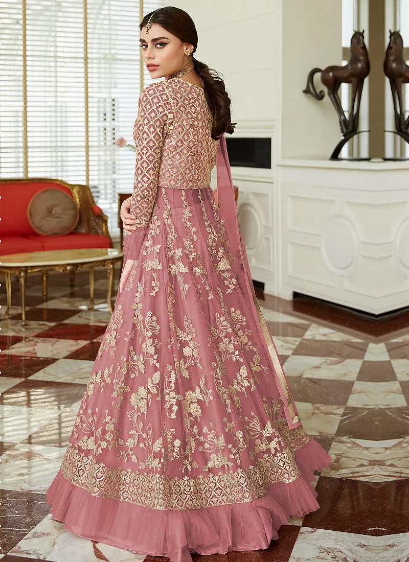 Dark Pink Golden Embroidered Net Anarkali Lehenga Suit