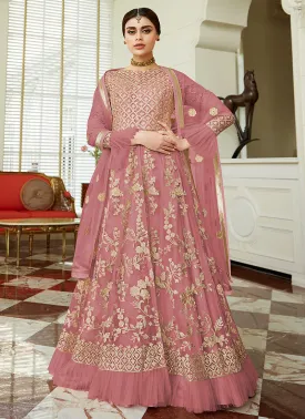 Dark Pink Golden Embroidered Net Anarkali Lehenga Suit