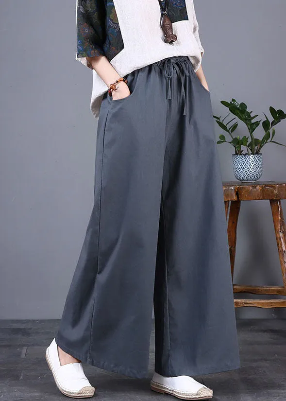 DIY Grey Pockets Elastic Waist Patchwork Cotton Wide Leg Pants Summer LY5673