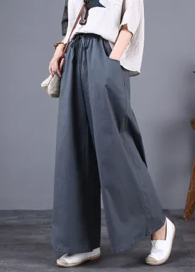 DIY Grey Pockets Elastic Waist Patchwork Cotton Wide Leg Pants Summer LY5673