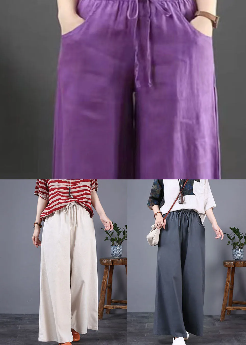 DIY Grey Pockets Elastic Waist Patchwork Cotton Wide Leg Pants Summer LY5673