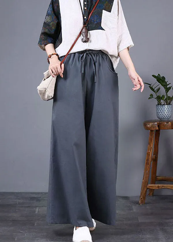 DIY Grey Pockets Elastic Waist Patchwork Cotton Wide Leg Pants Summer LY5673