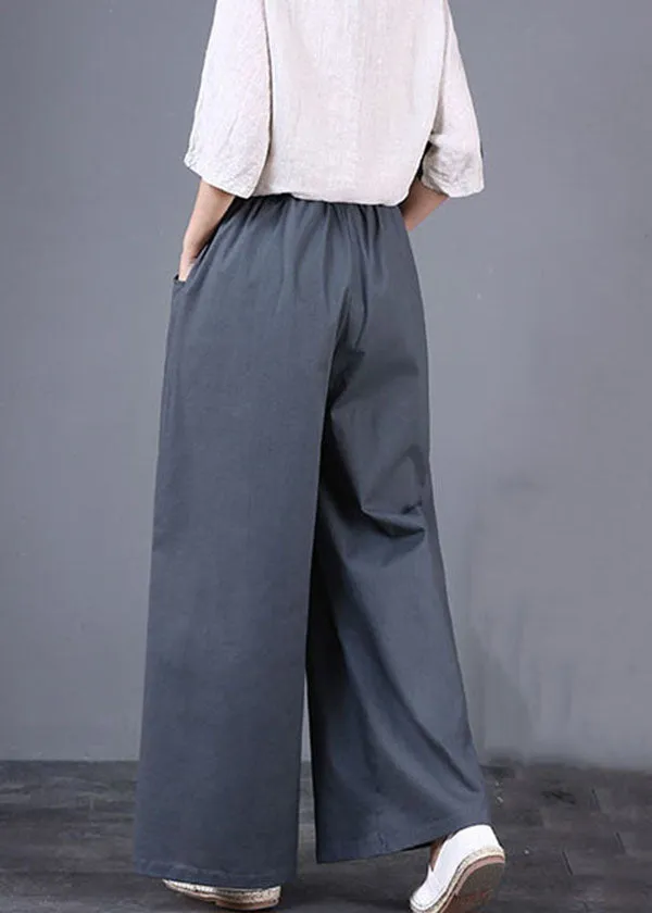 DIY Grey Pockets Elastic Waist Patchwork Cotton Wide Leg Pants Summer LY5673