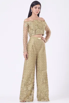 Embroidered Golden High-Waisted Pant Set In Satin