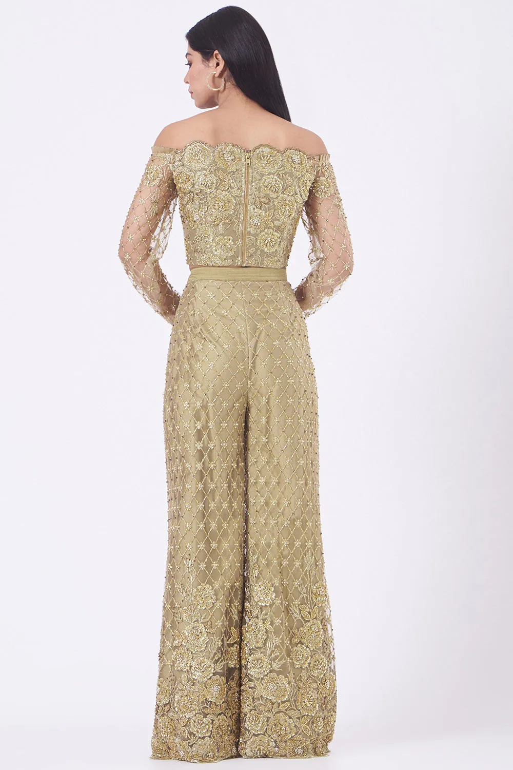 Embroidered Golden High-Waisted Pant Set In Satin