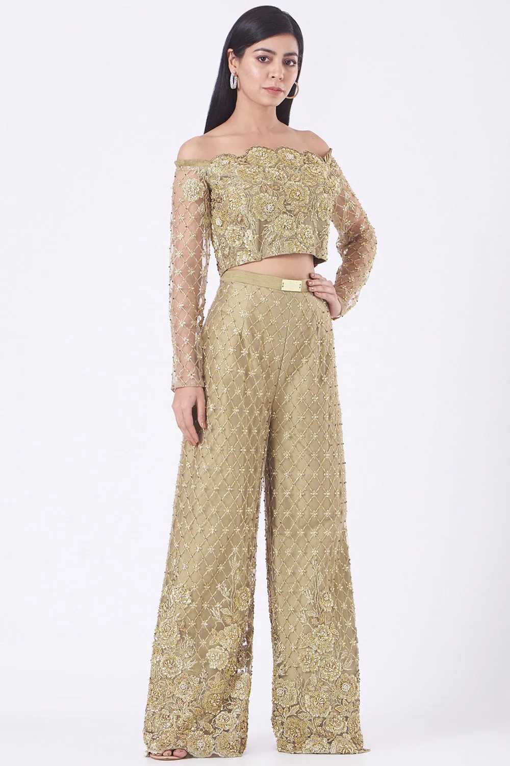 Embroidered Golden High-Waisted Pant Set In Satin