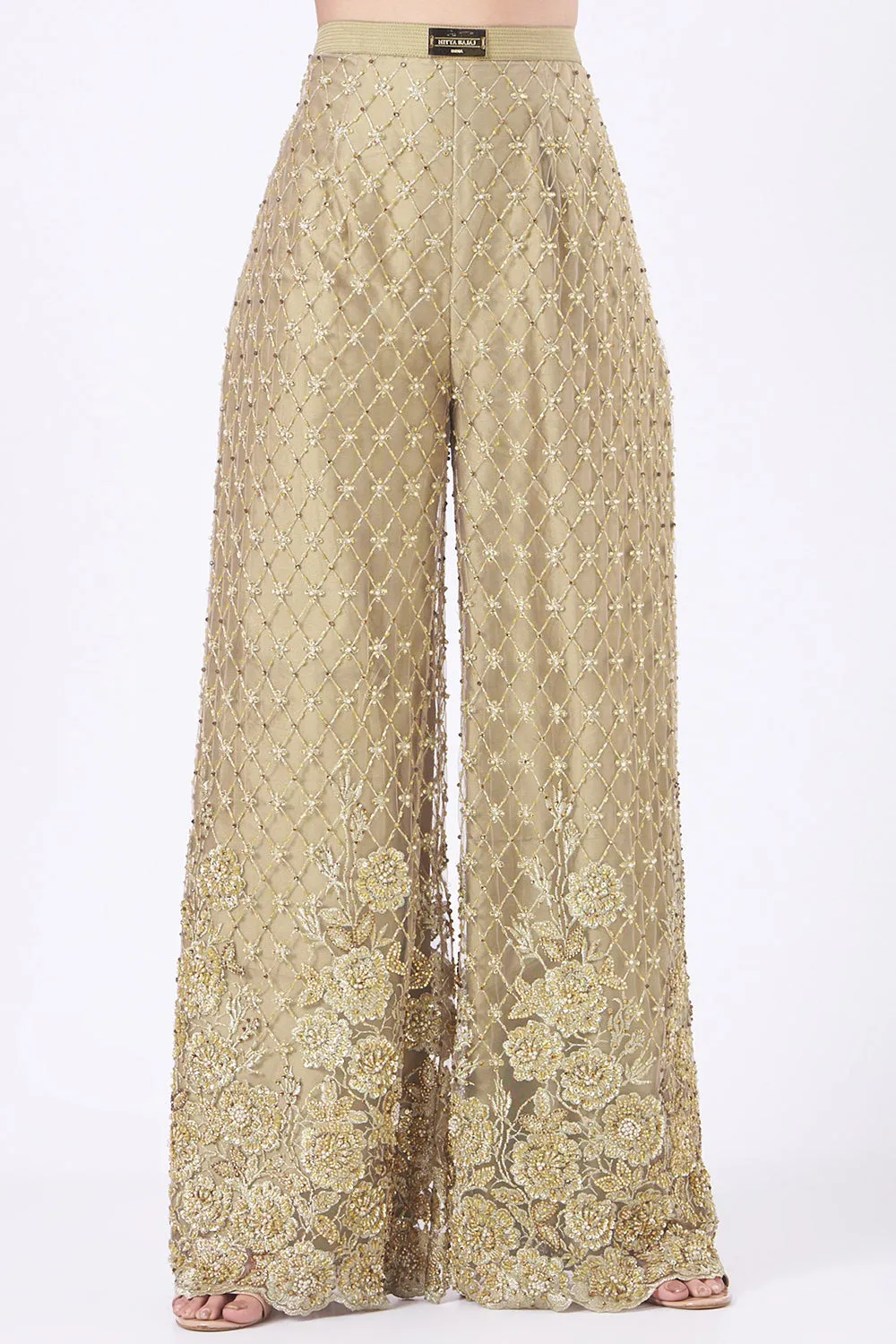 Embroidered Golden High-Waisted Pant Set In Satin