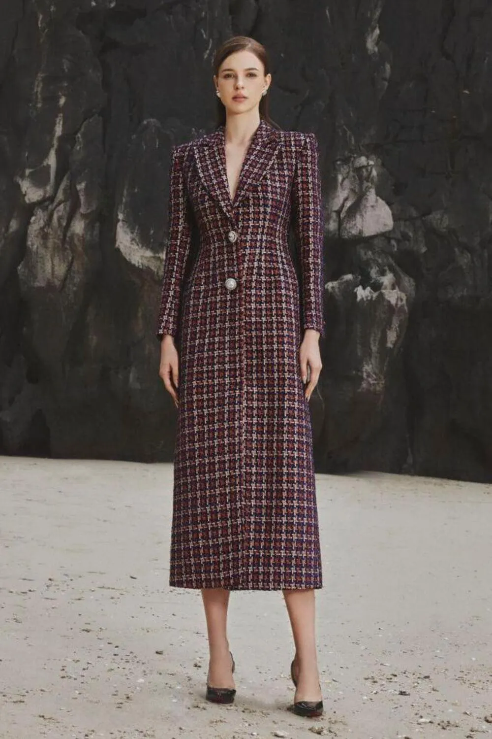 Emma Structured Notch Lapel Tweed Midi Trench Coat