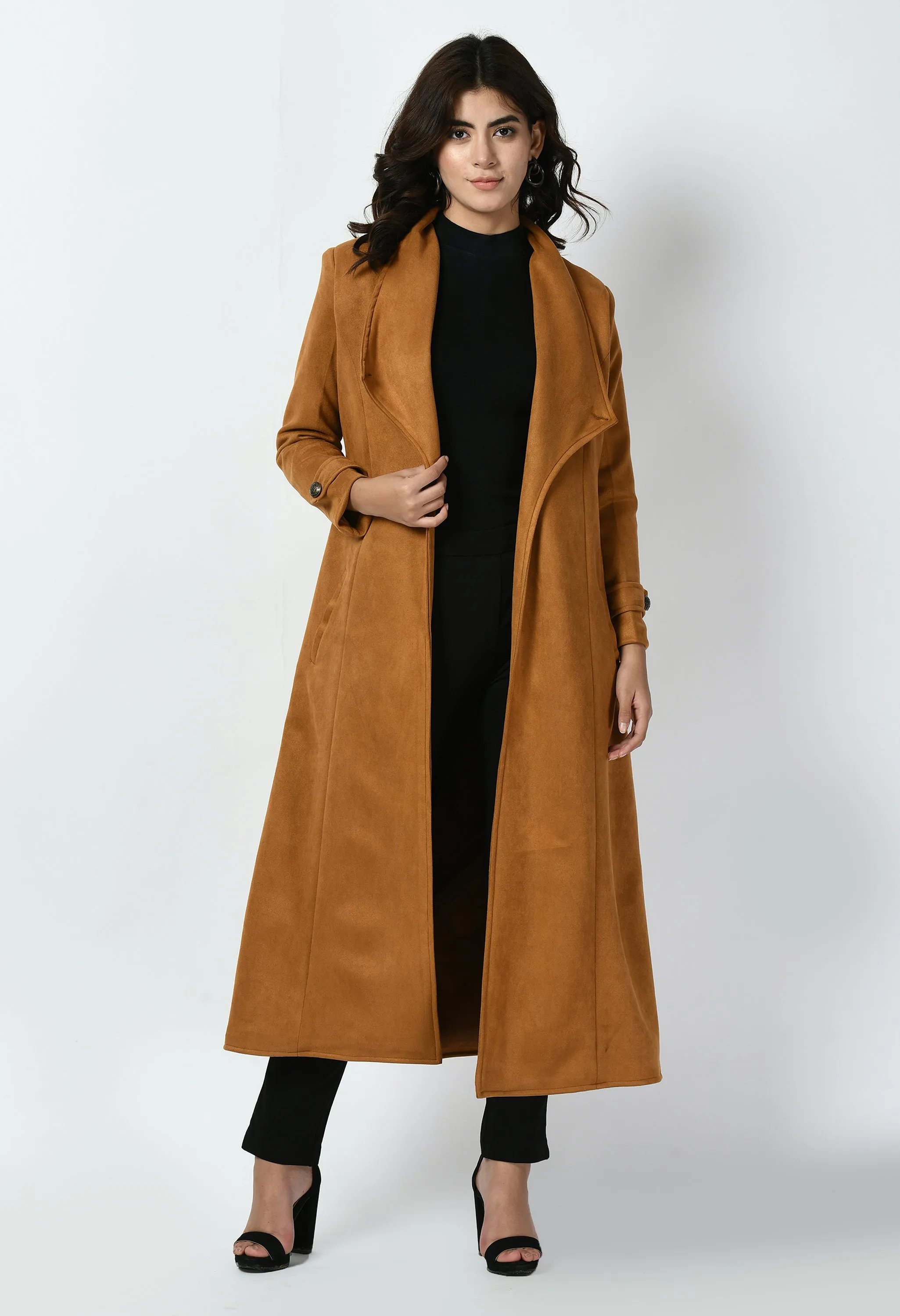 Exude Dedication Suede Leather Long Wrap Coat (Tan Brown)