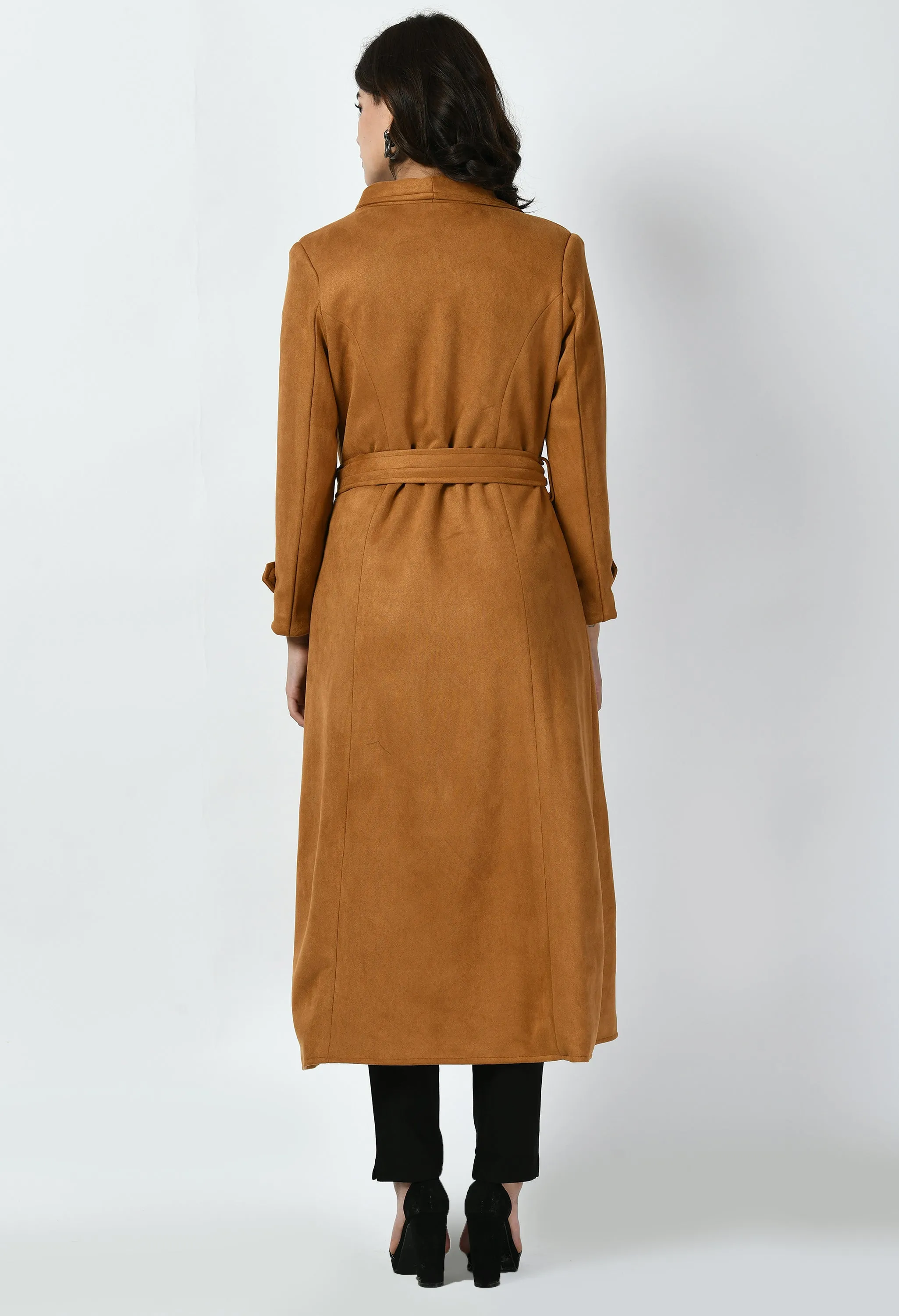 Exude Dedication Suede Leather Long Wrap Coat (Tan Brown)