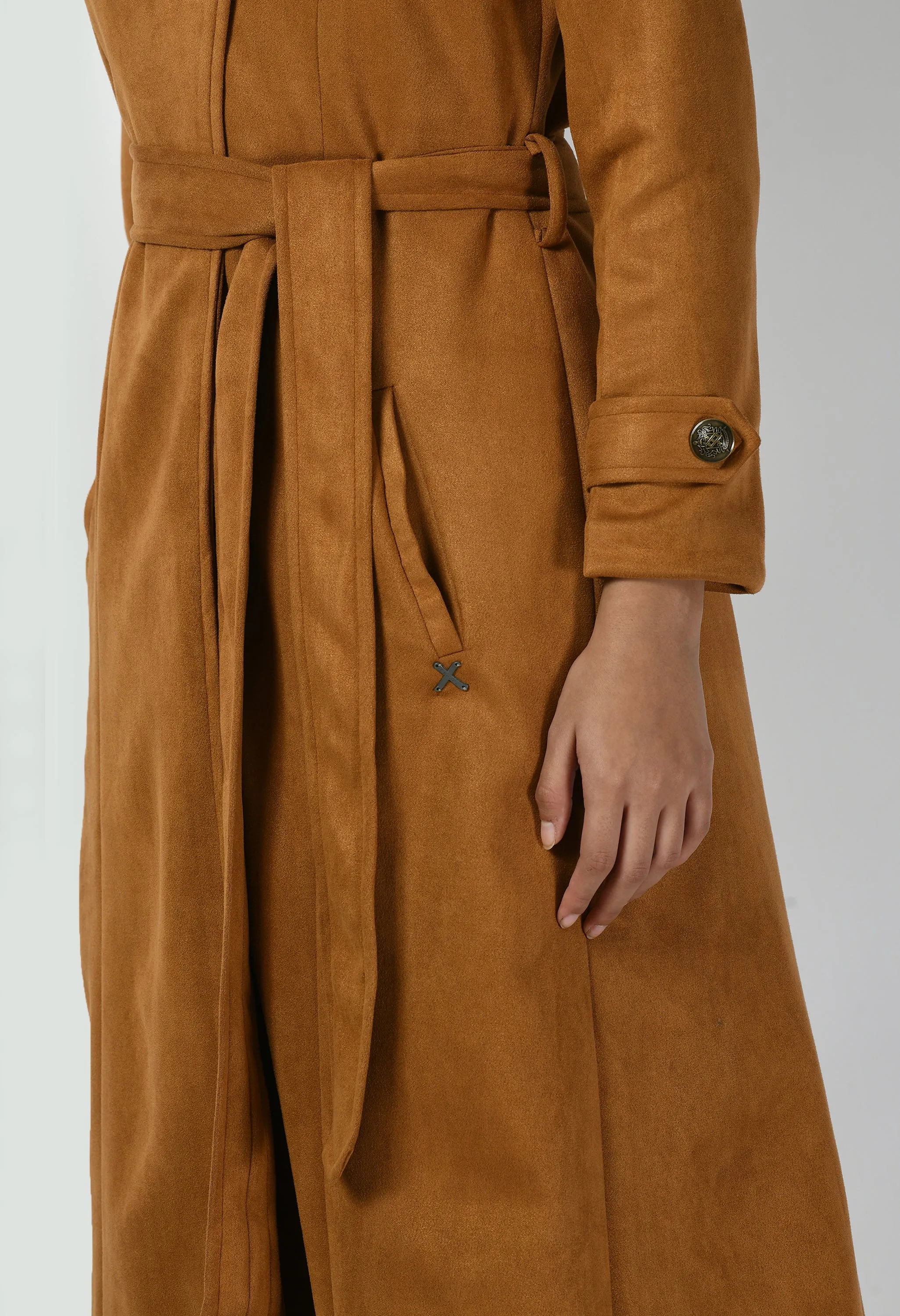 Exude Dedication Suede Leather Long Wrap Coat (Tan Brown)