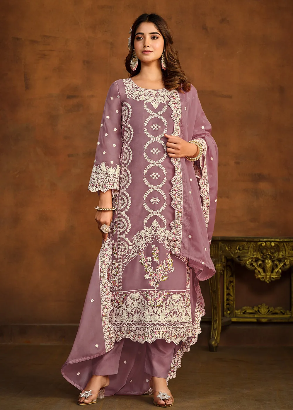 Festive Style Purple Soft Organza Pant Style Salwar Suit