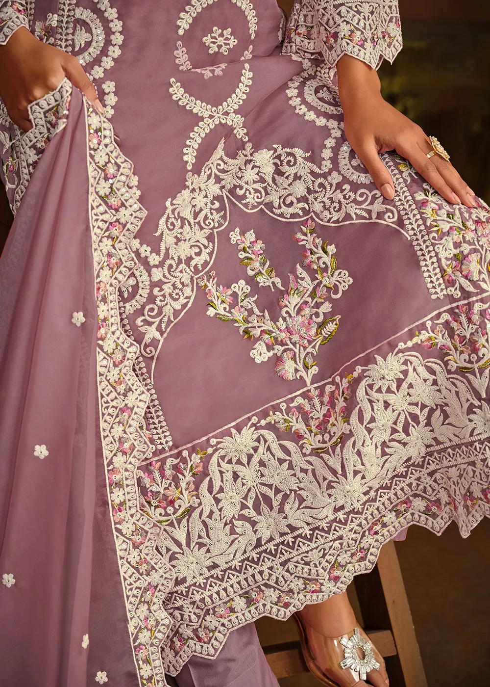 Festive Style Purple Soft Organza Pant Style Salwar Suit