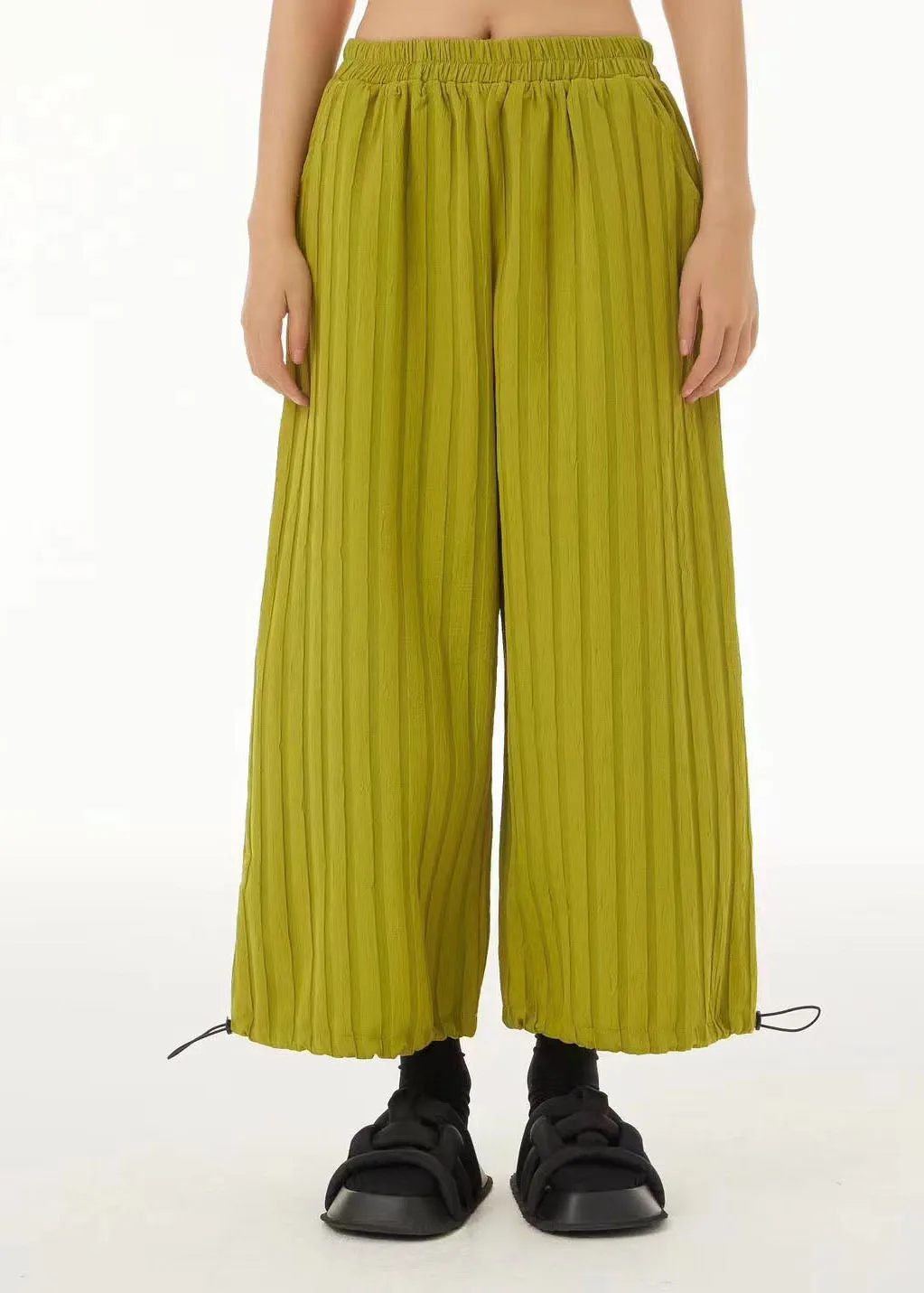 Fine Green Elastic Waist Striped Drawstring Wide Leg Pants Trousers Summer LC0151