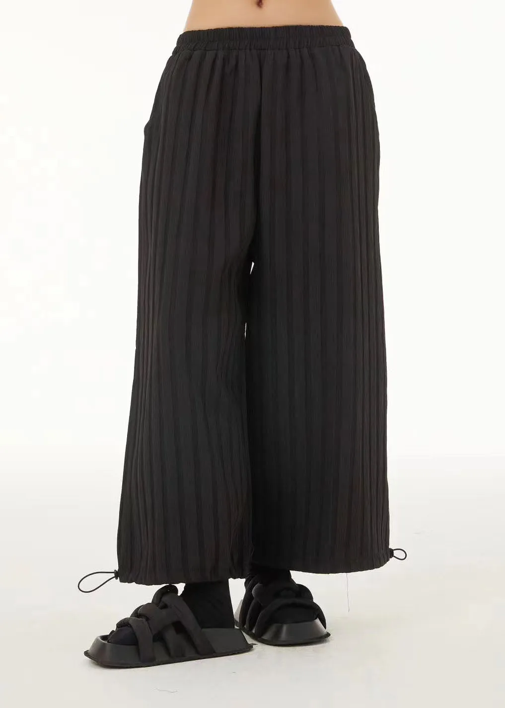 Fine Green Elastic Waist Striped Drawstring Wide Leg Pants Trousers Summer LC0151