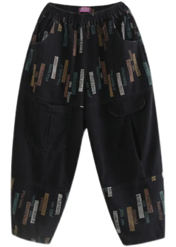 Fitted Black elastic waist Print denim Pants Spring