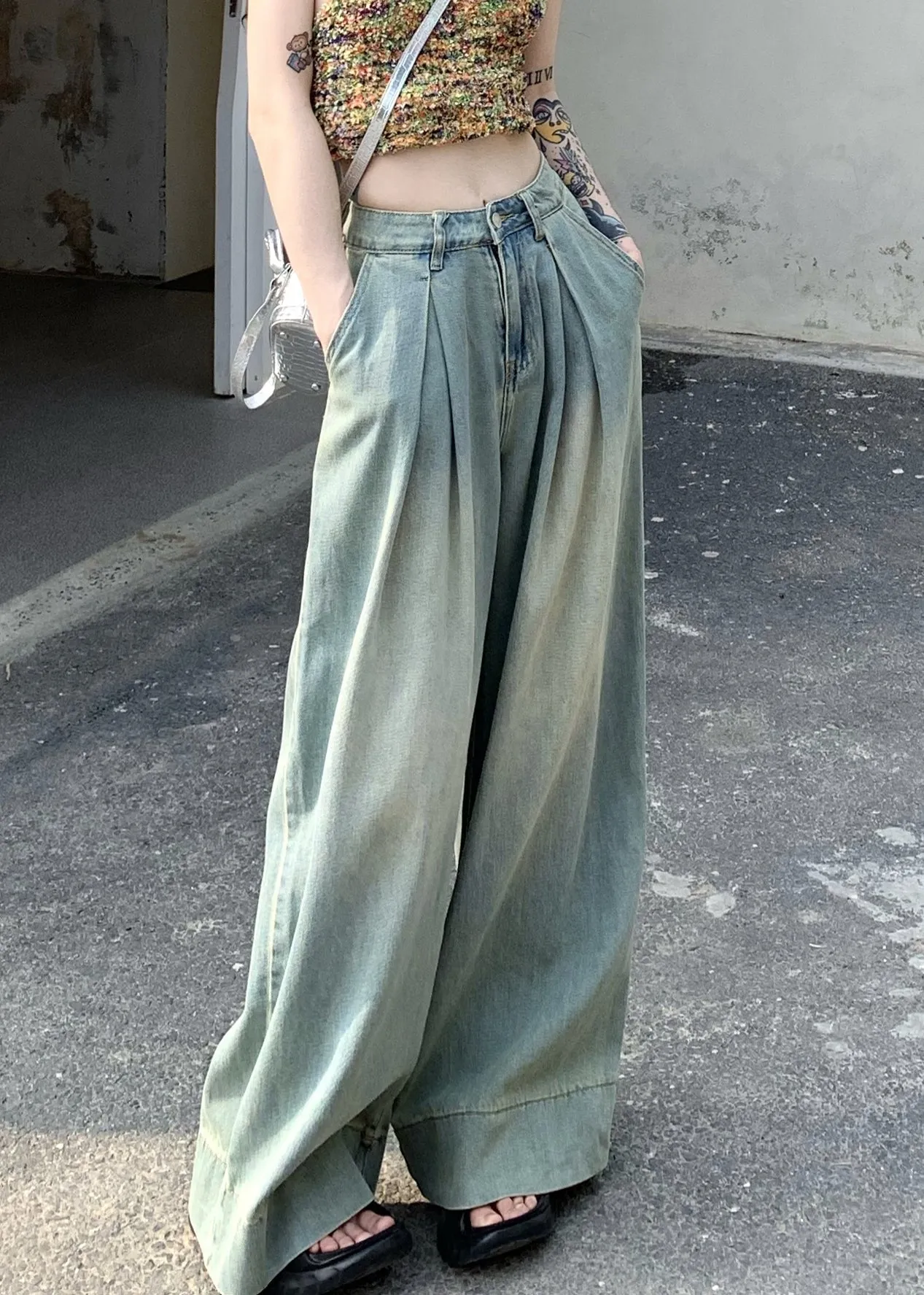 French Light Blue Pockets High Waist Wide Leg Pants Summer PP011