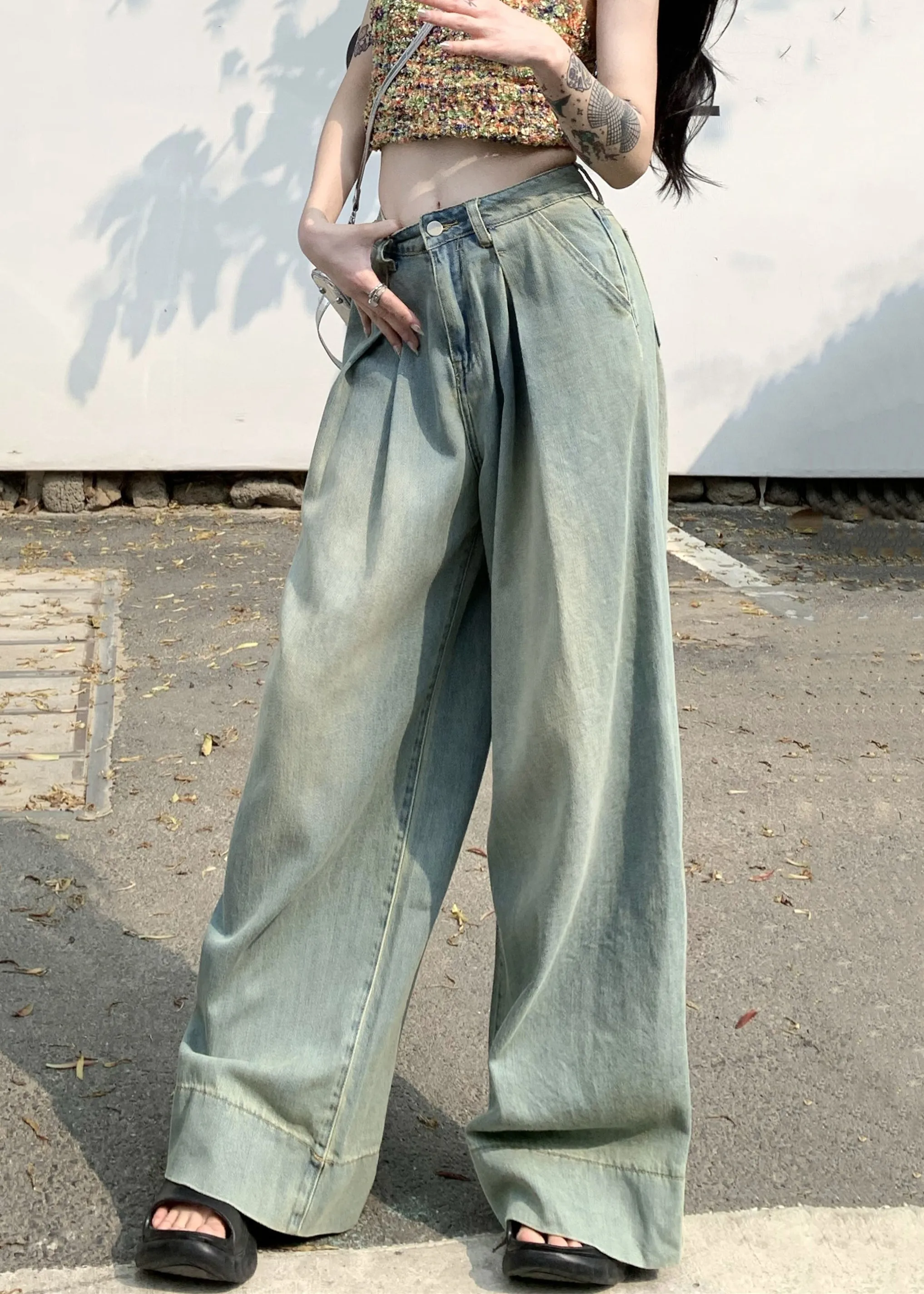 French Light Blue Pockets High Waist Wide Leg Pants Summer PP011