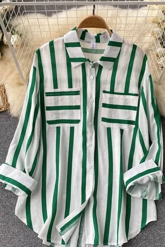 Green Striped Buttoned Up Shirt