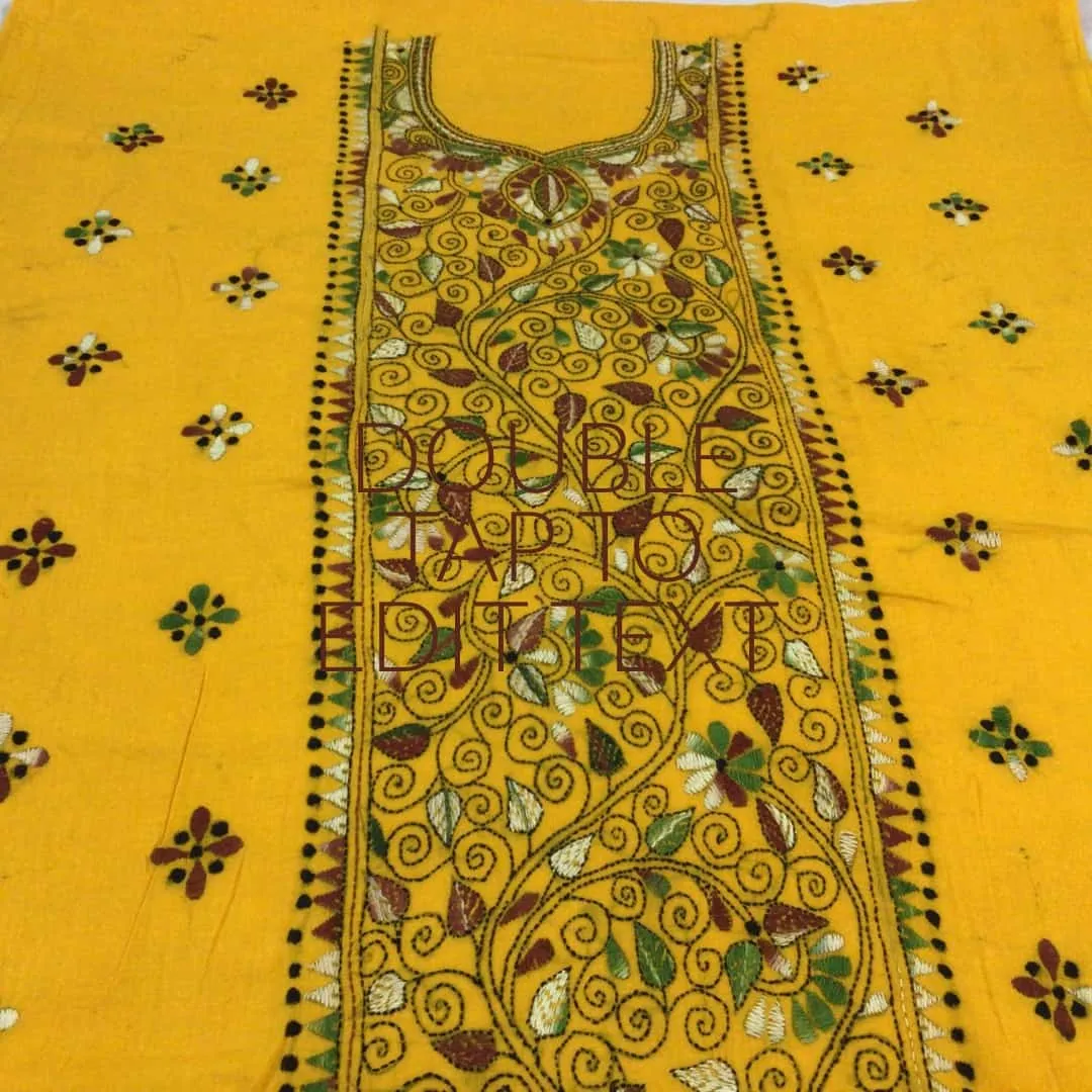 Indiva Handcrafted Cotton Yellow Kantha Top Material.