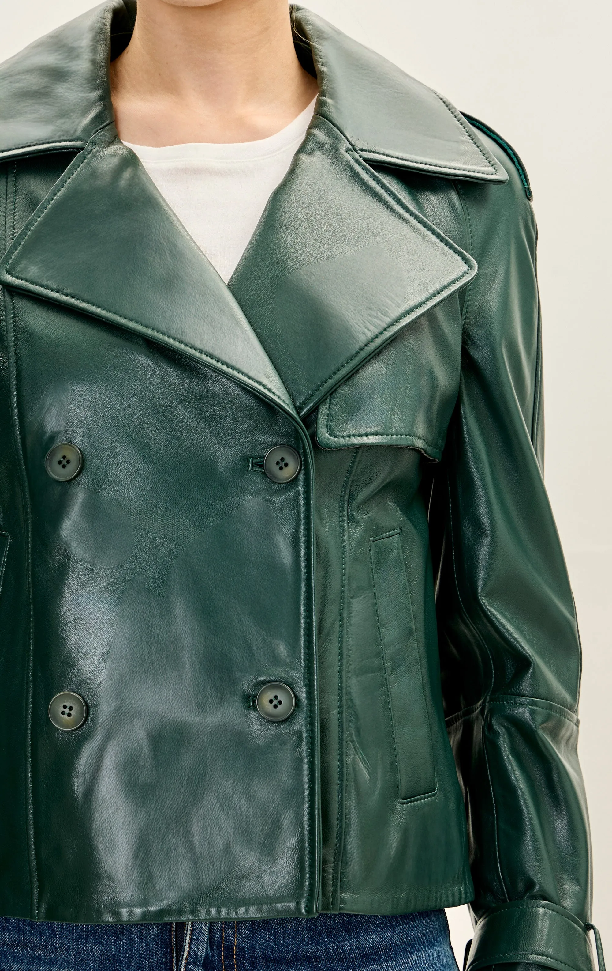 Lambskin Leather Double Breasted Short Trench Jacket - Green