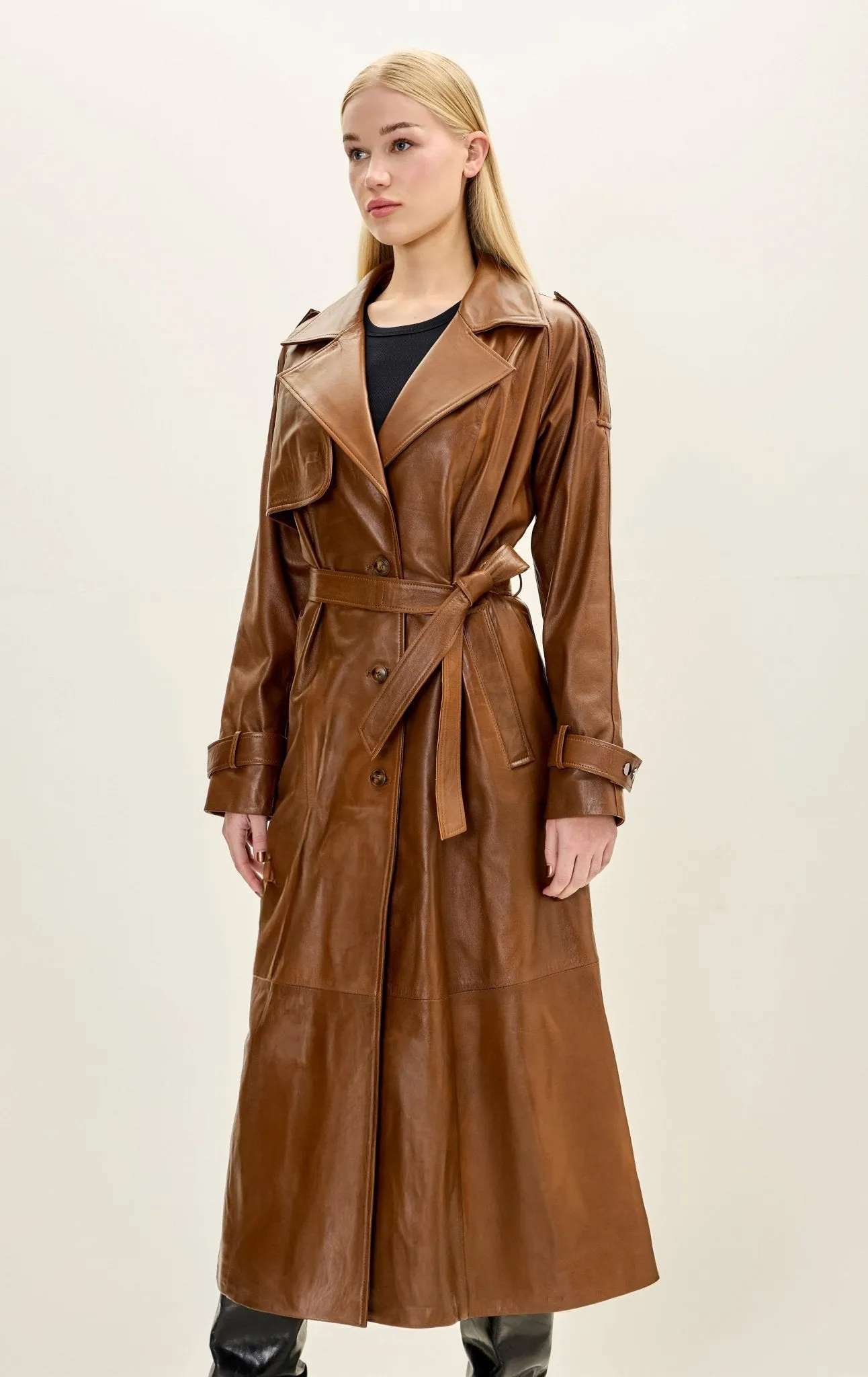 Lambskin Leather Long Trench Coat - Brown