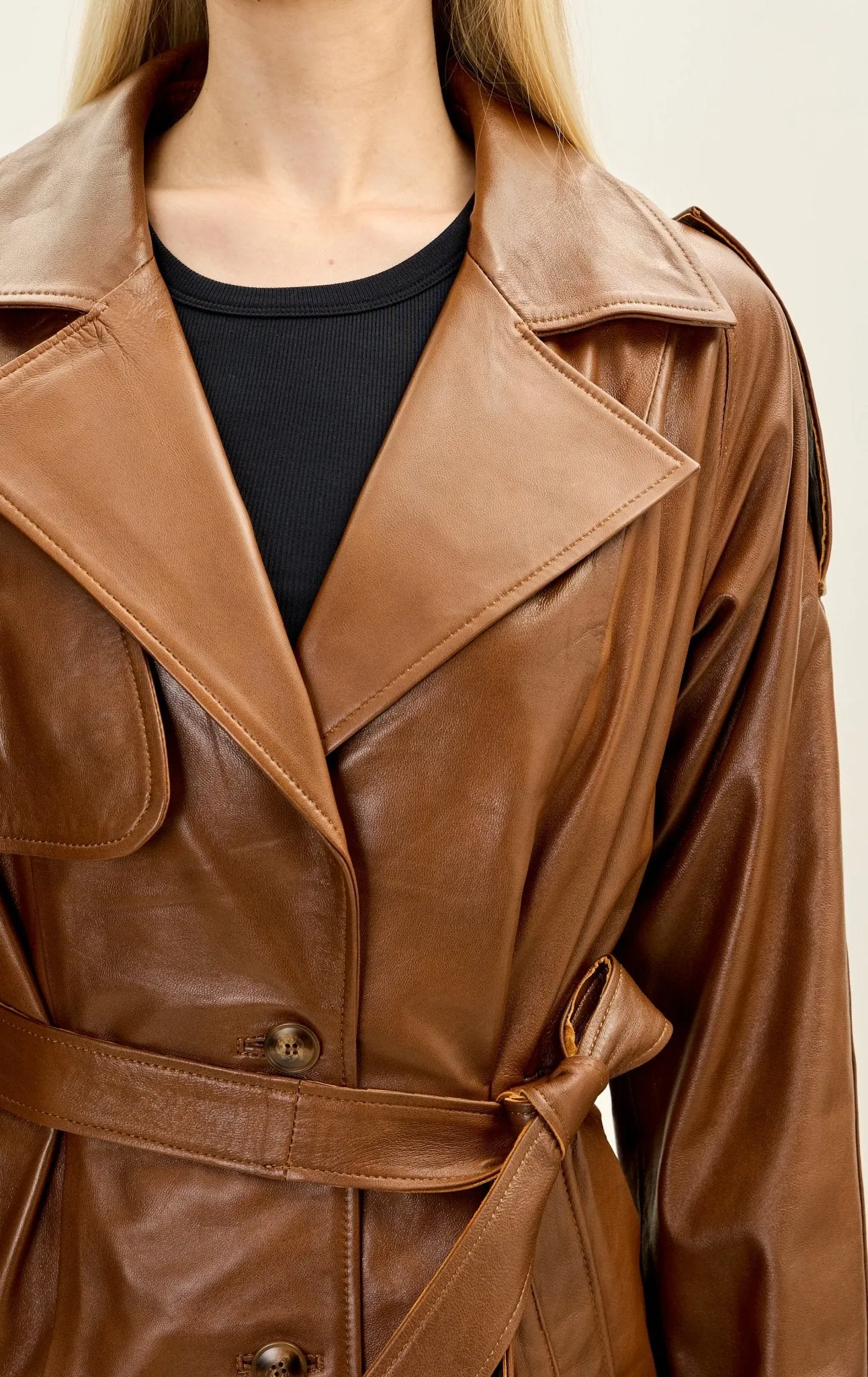 Lambskin Leather Long Trench Coat - Brown