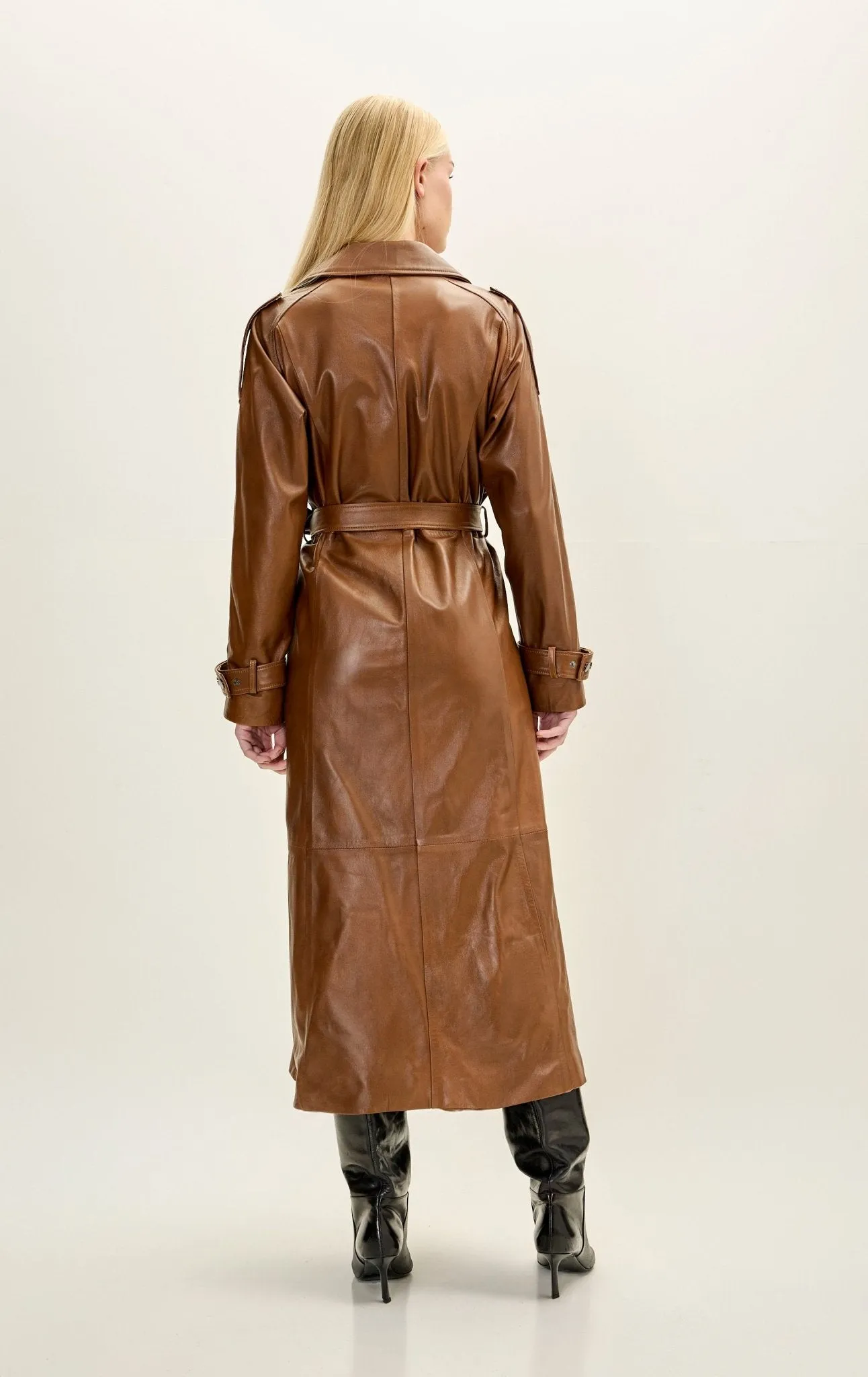 Lambskin Leather Long Trench Coat - Brown