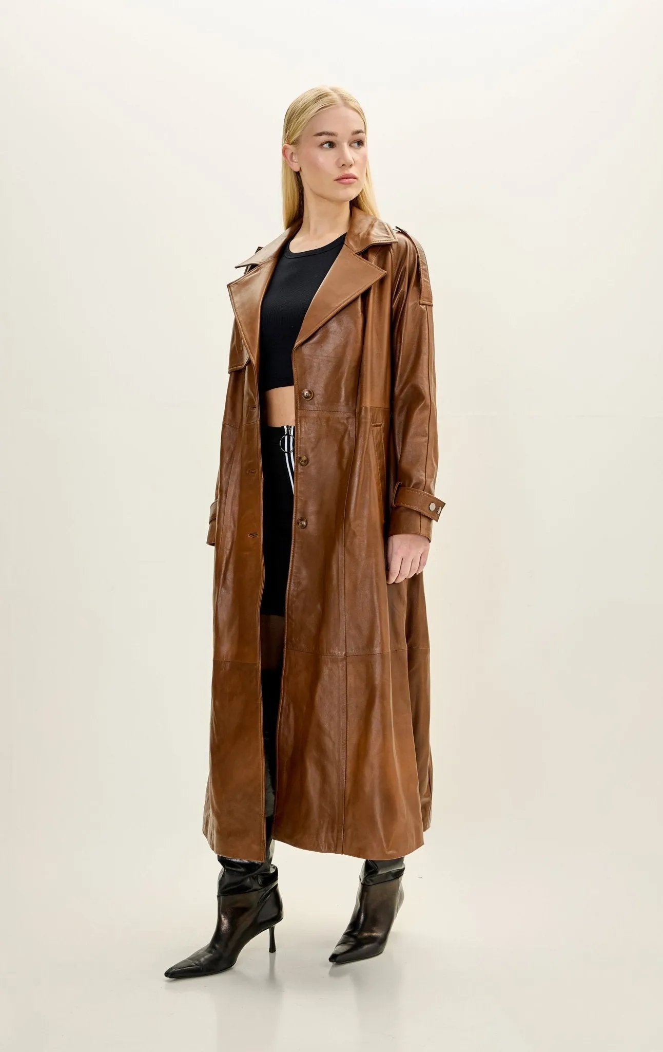 Lambskin Leather Long Trench Coat - Brown