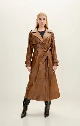 Lambskin Leather Long Trench Coat - Brown