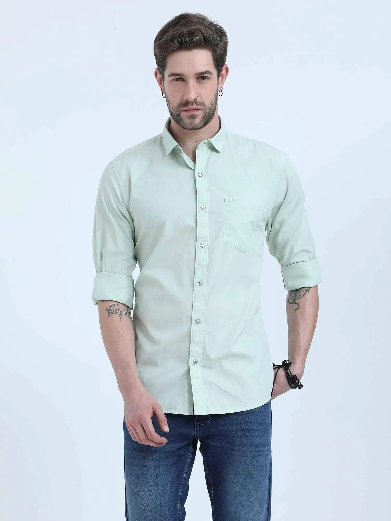 Light Green Solid Cotton Full Sleeve Shirt