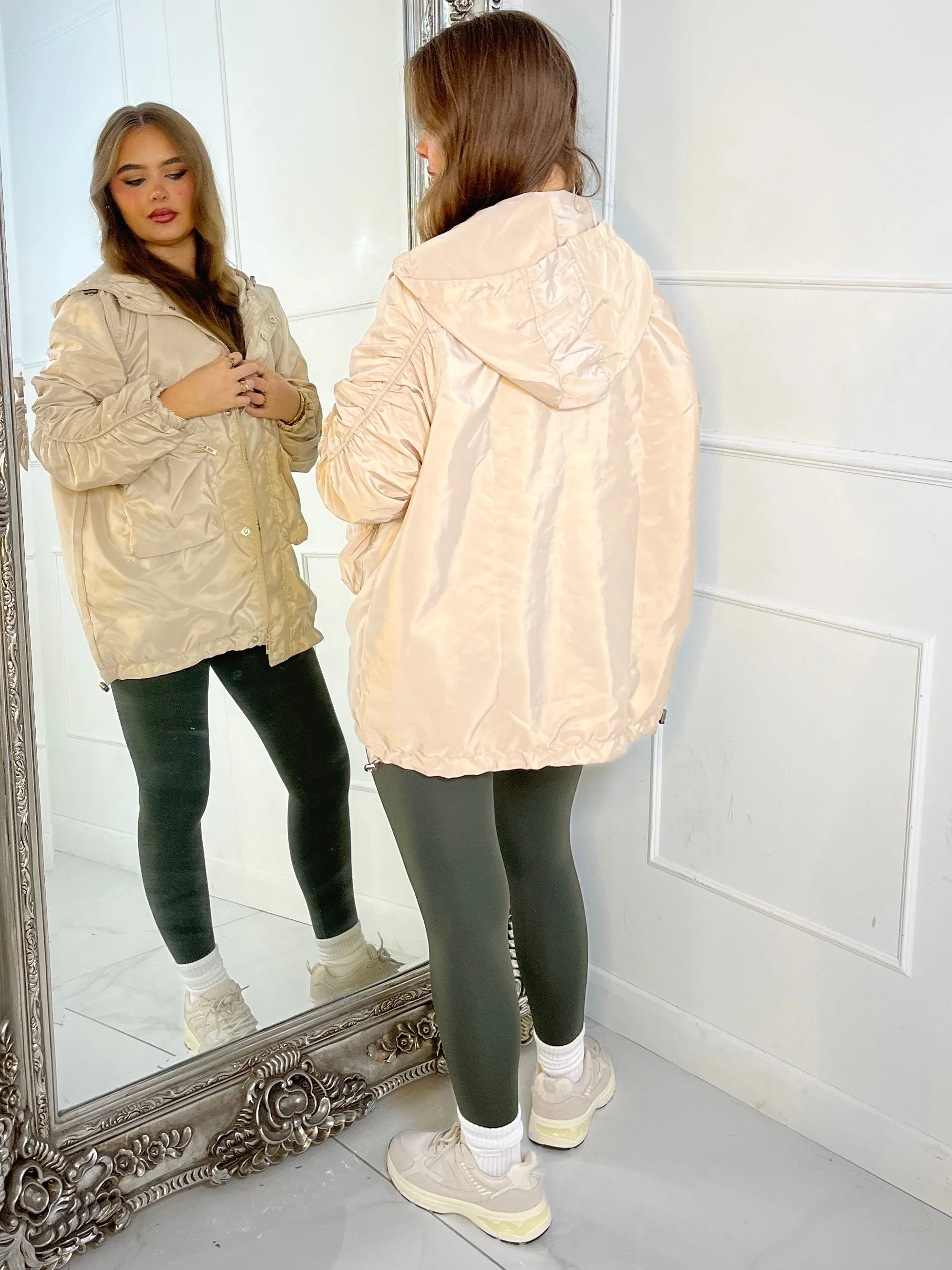 Long Ruched Sleeve Windbreaker Jacket - Cream