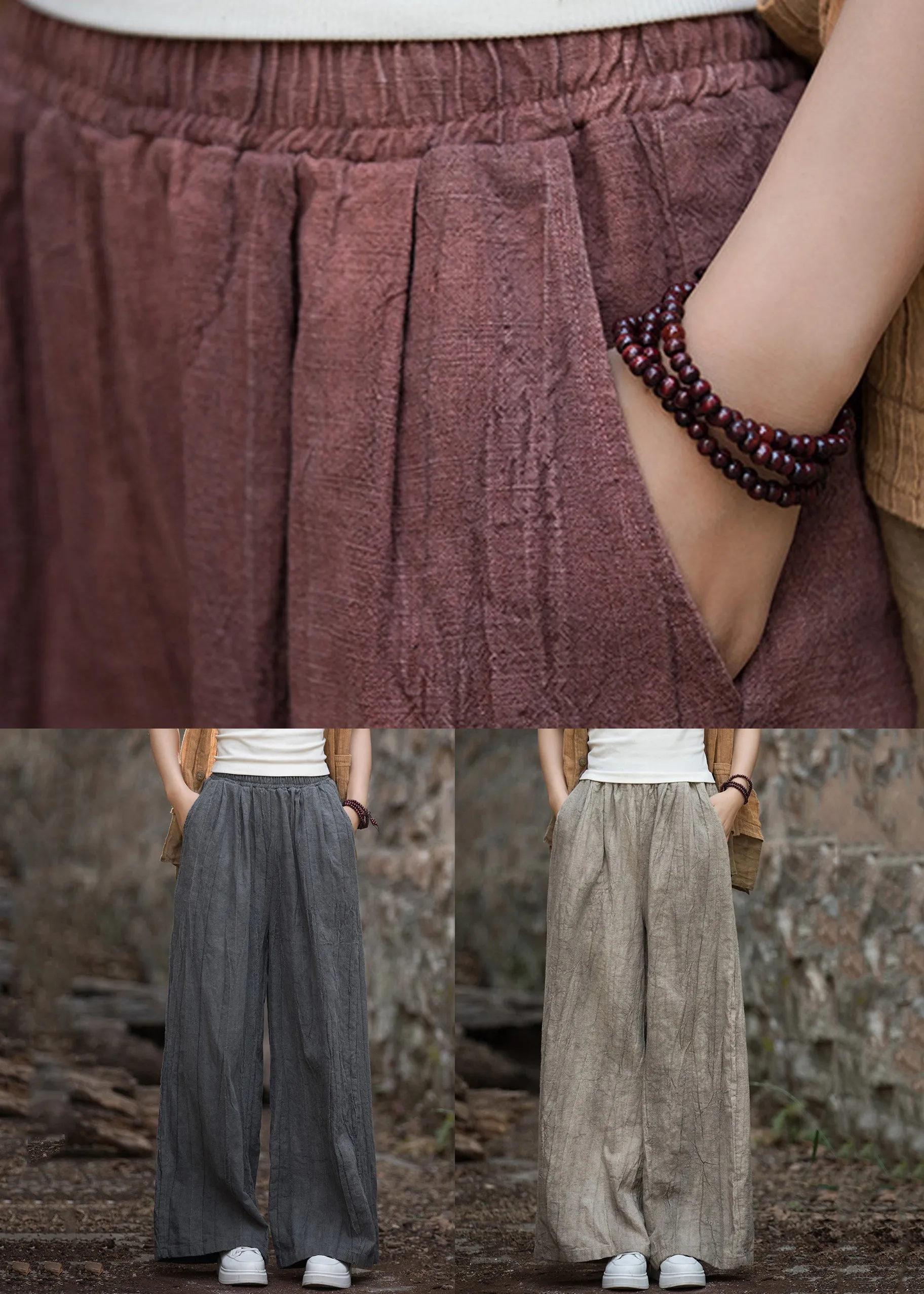 Loose Smoke Red Pockets High Waist Patchwork Linen Pants Fall ML2290