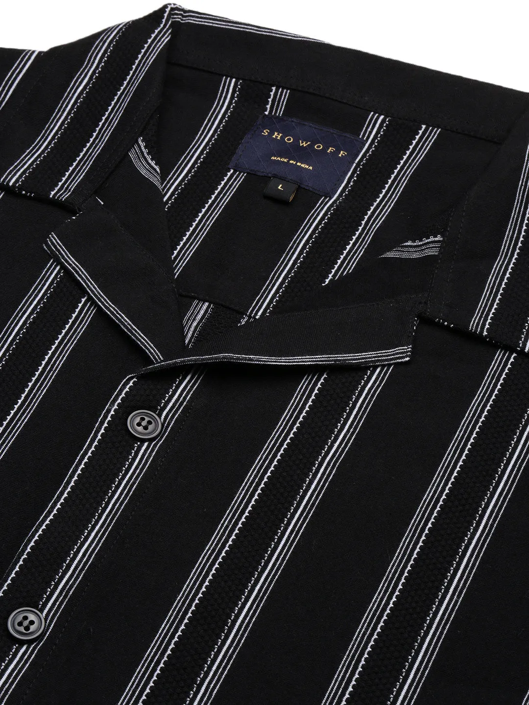 Men Black Cuban Collar Striped Shirt