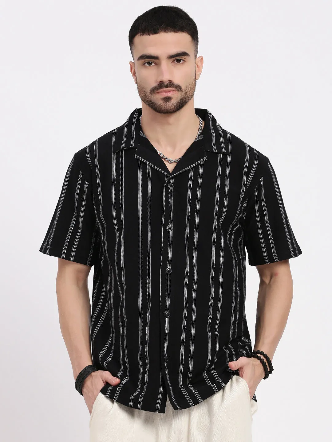 Men Black Cuban Collar Striped Shirt