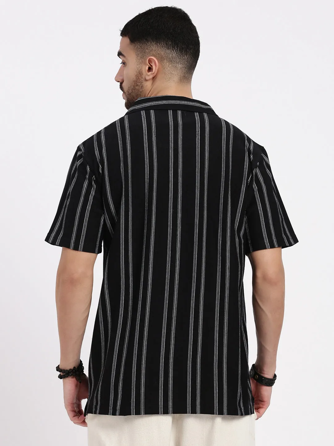 Men Black Cuban Collar Striped Shirt