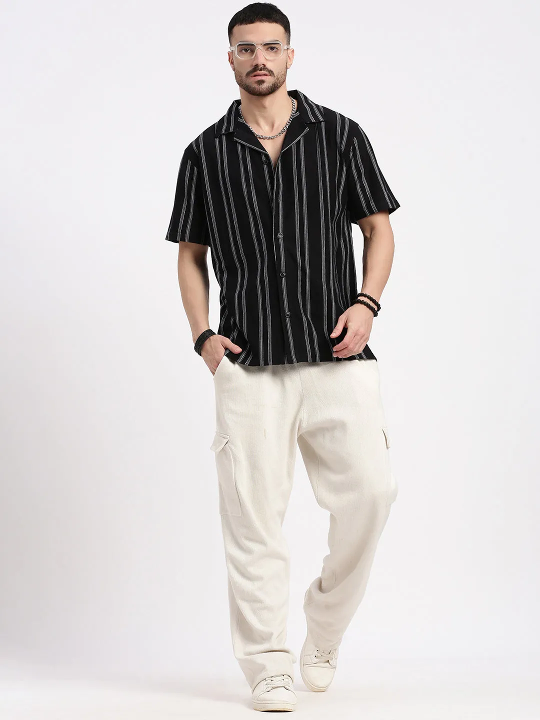 Men Black Cuban Collar Striped Shirt