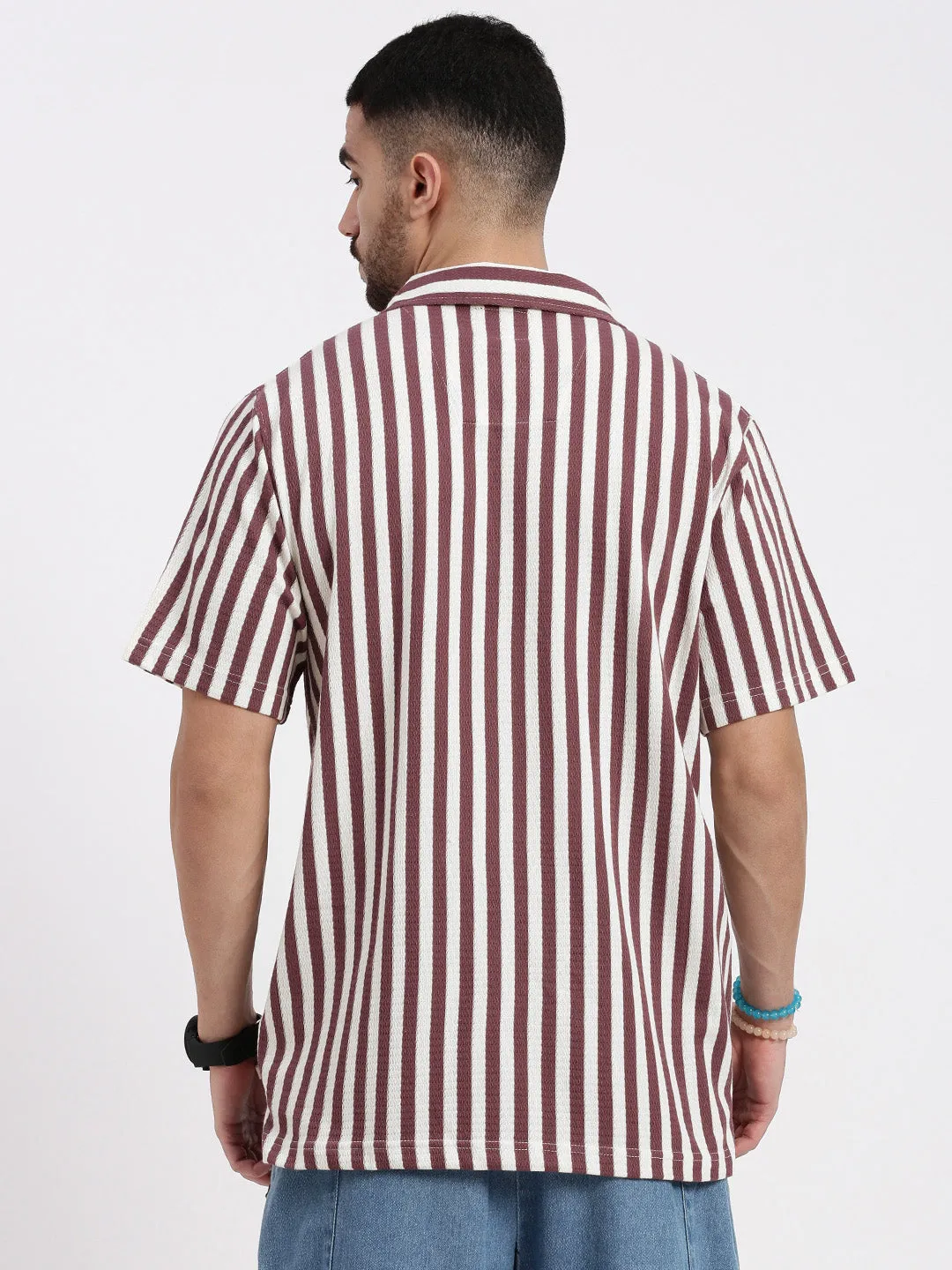 Men Purple Cuban Collar Striped Shirt