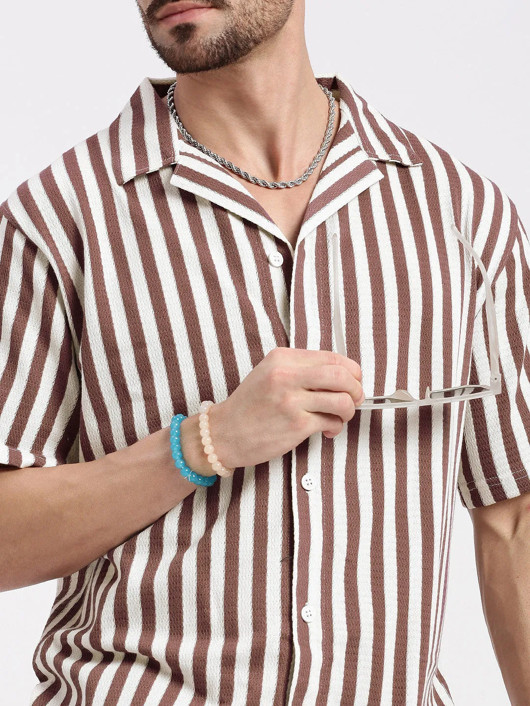 Men Purple Cuban Collar Striped Shirt