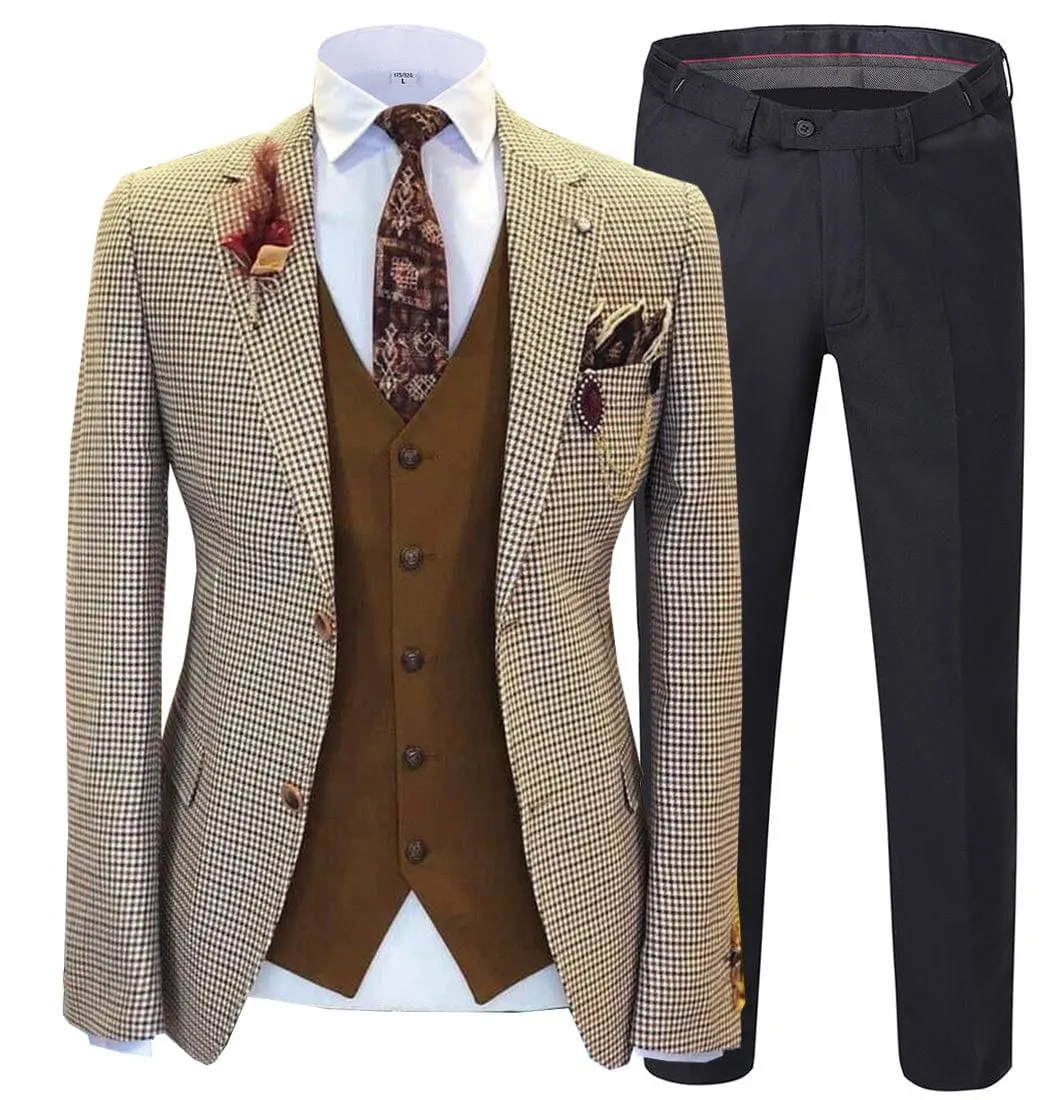 Men's 3 Pieces Checked Houndstooth Peak Lapel Tuxedos (Blazer vest Pants)