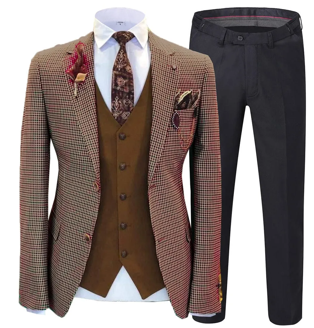 Men's 3 Pieces Checked Houndstooth Peak Lapel Tuxedos (Blazer vest Pants)