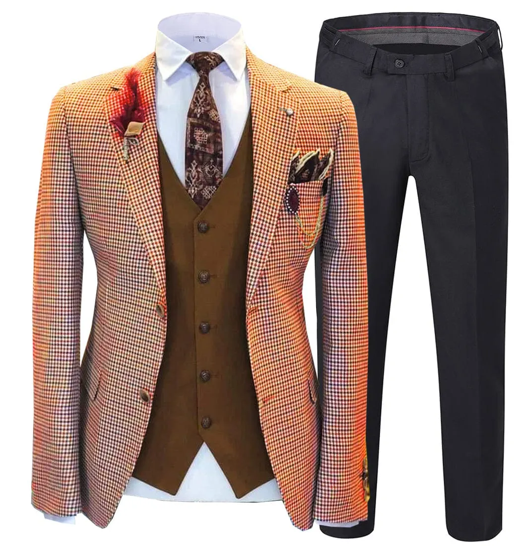 Men's 3 Pieces Checked Houndstooth Peak Lapel Tuxedos (Blazer vest Pants)