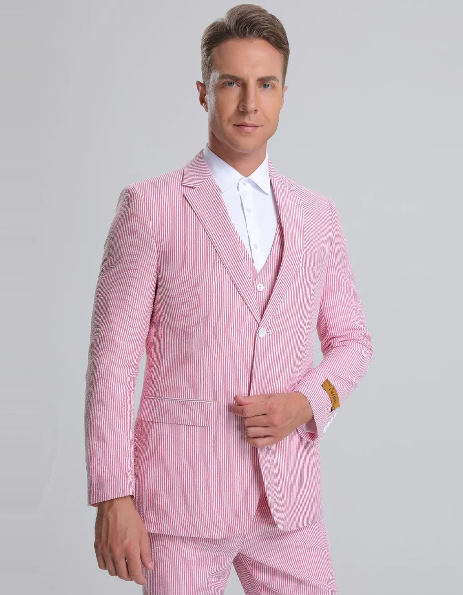 Mens Vested Summer Seersucker Suit in Red Pinstripe