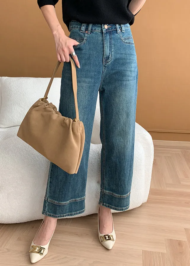 Modern Blue Pockets High Waist Denim Crop Pants Fall AF1018