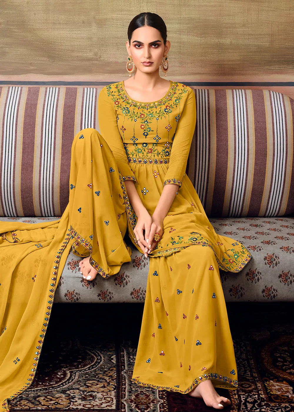 Mustard Designer Gharara Style Festive Sharara Suit