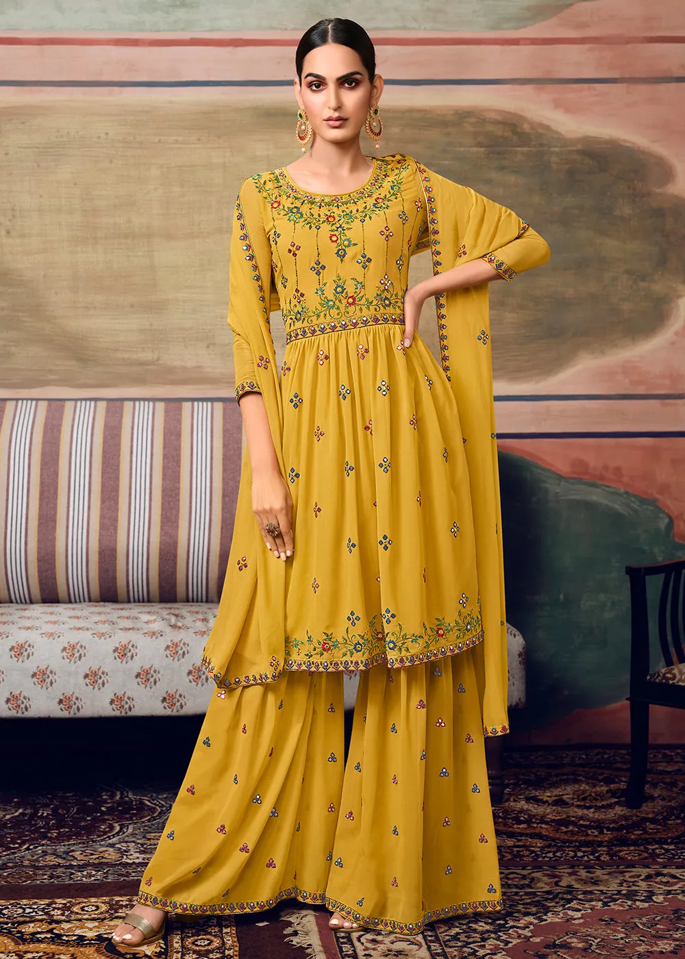 Mustard Designer Gharara Style Festive Sharara Suit