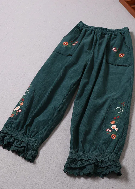 Natural Green Embroideried Lace Patchwork Corduroy Pants Winter