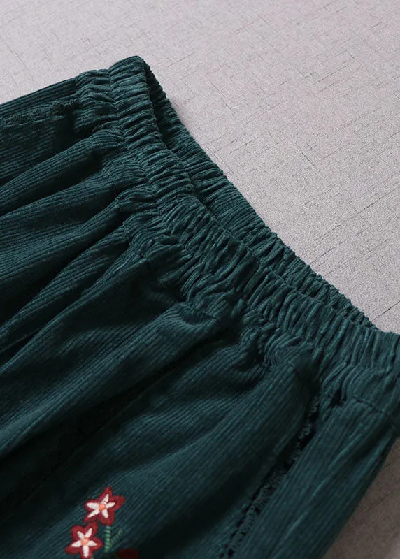 Natural Green Embroideried Lace Patchwork Corduroy Pants Winter